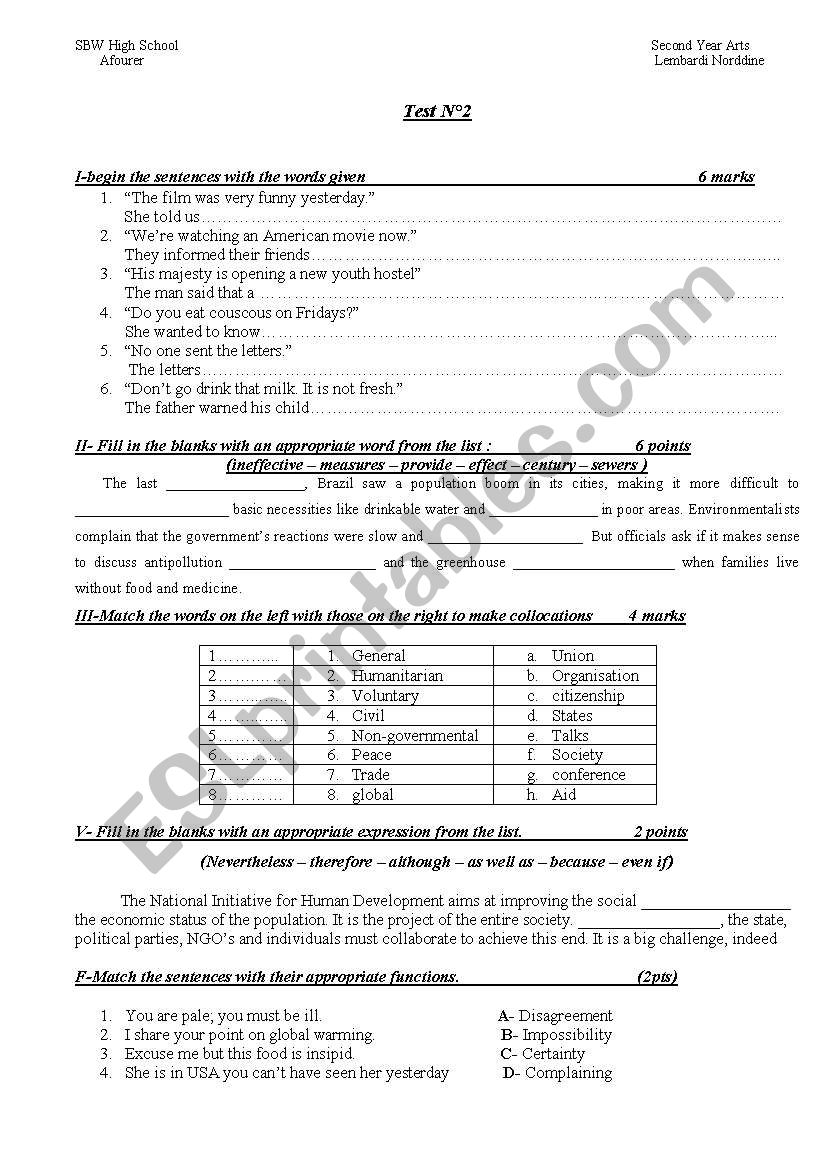 test for second year bac worksheet