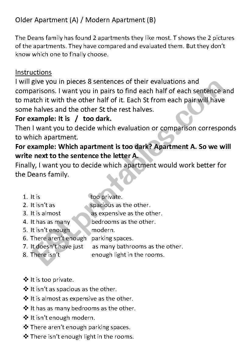 comparing appartments worksheet