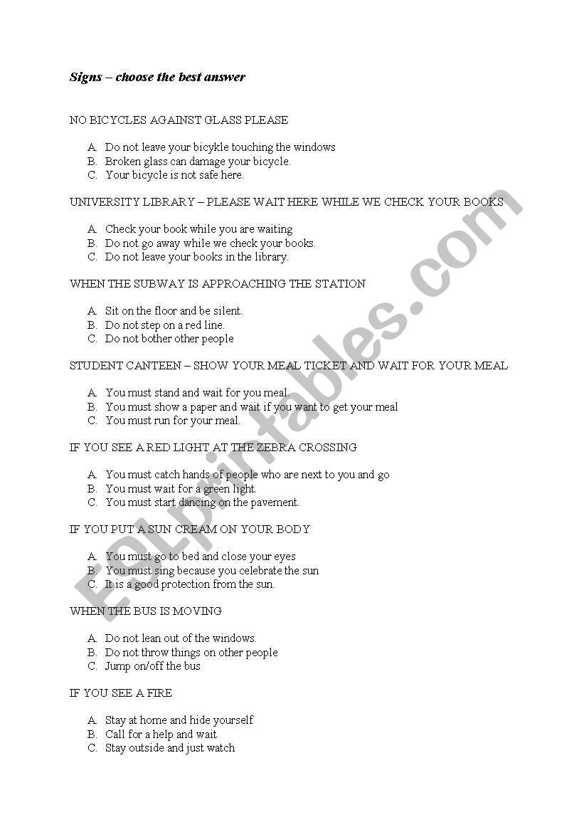 signs - best answers worksheet