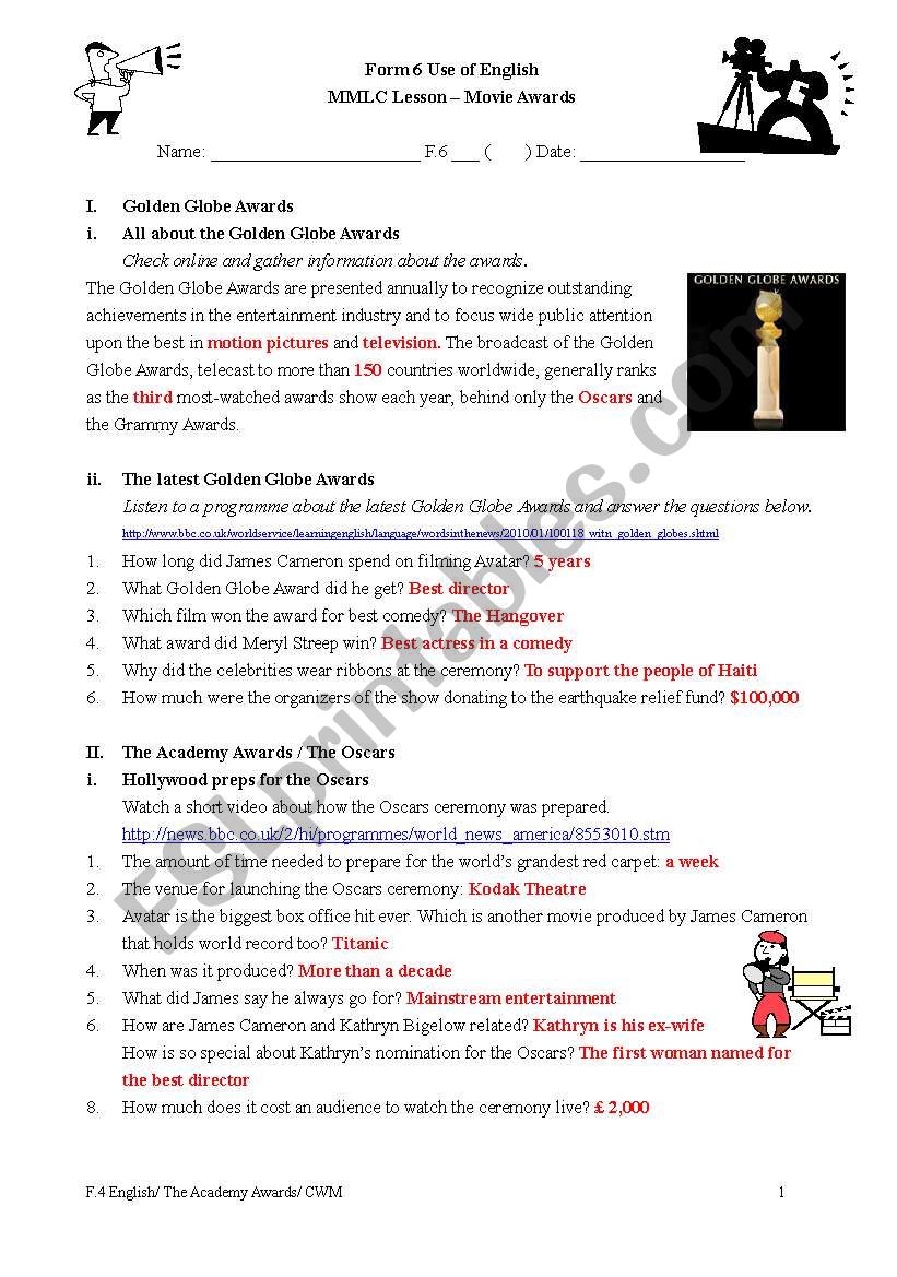 Movie Awards (Answer Key) worksheet