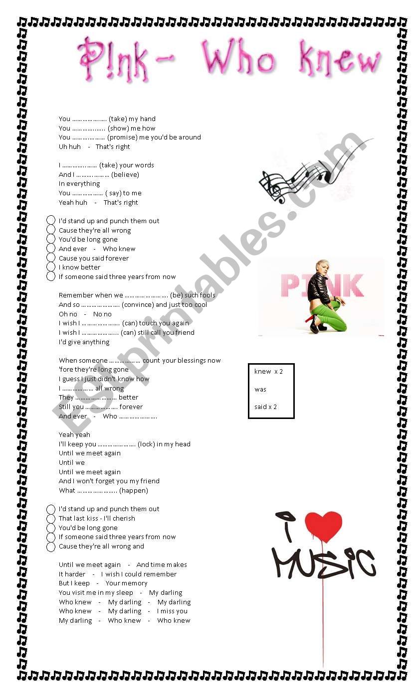 Song - Who knew (Pink)  worksheet