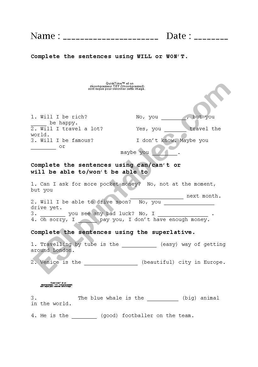 Test on future and past simple tenses, adjectives, adverbs, and superlative (editable and includes key)