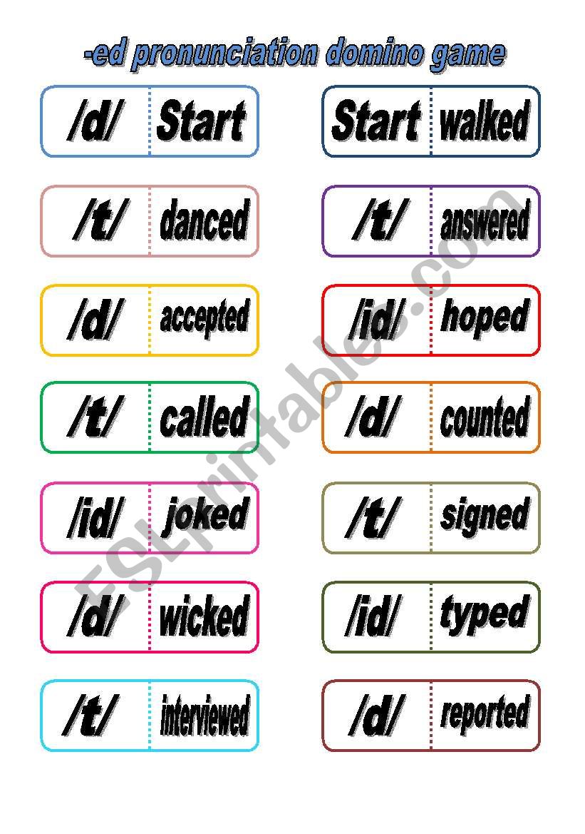 -ed pronunciation domino game worksheet