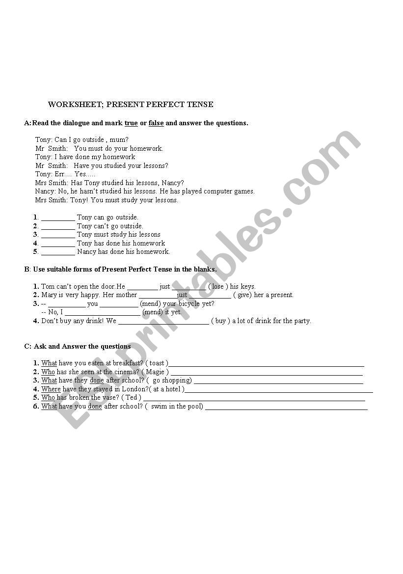 present  perfect worksheet