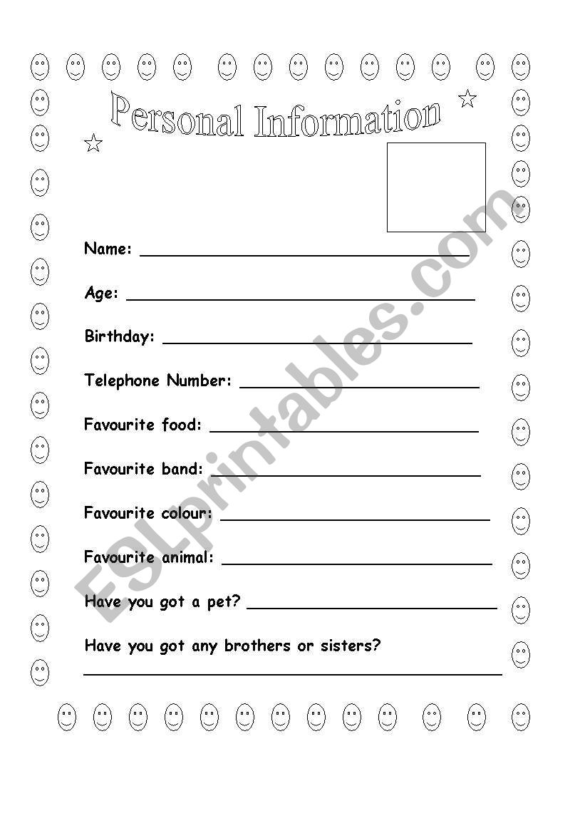 Personal Information Worksheets