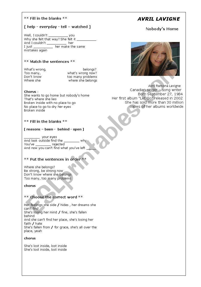 Avril Lavigne - Nobodys Home worksheet