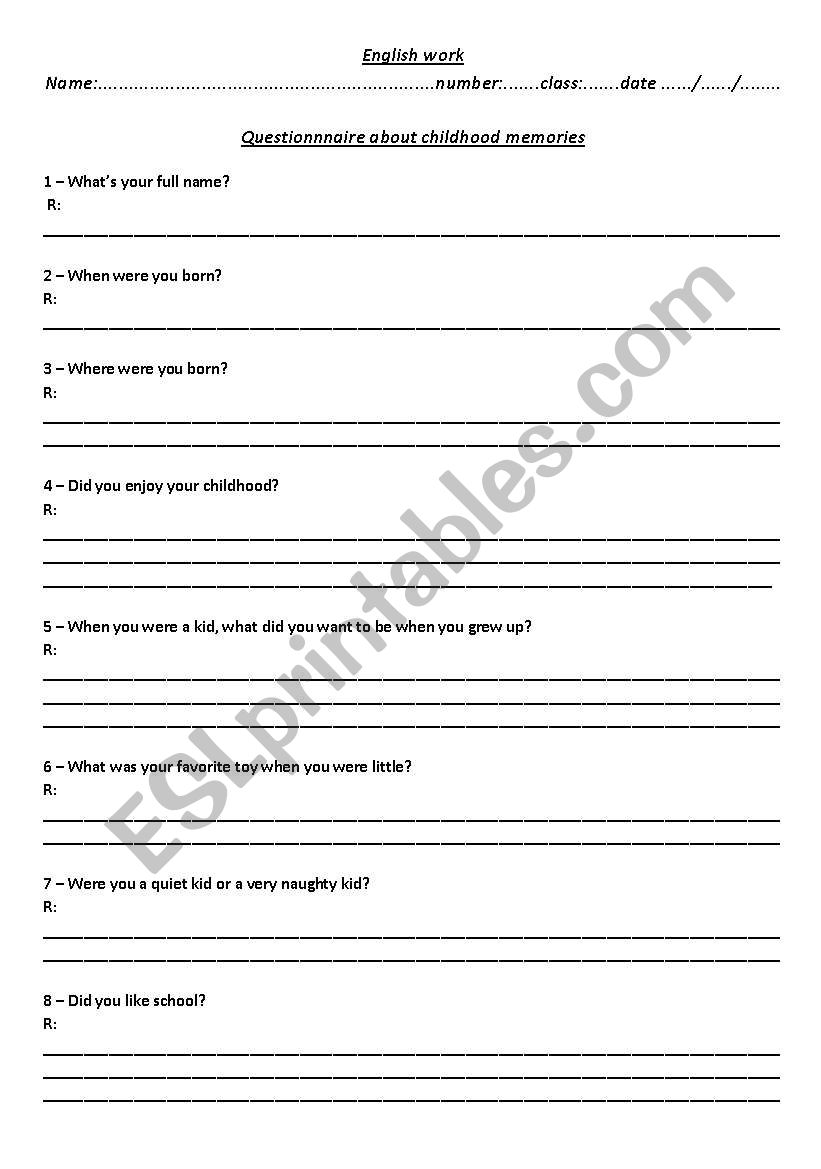 QUESTIONNAIRE ABOUT CHILHOOD MEMORIES