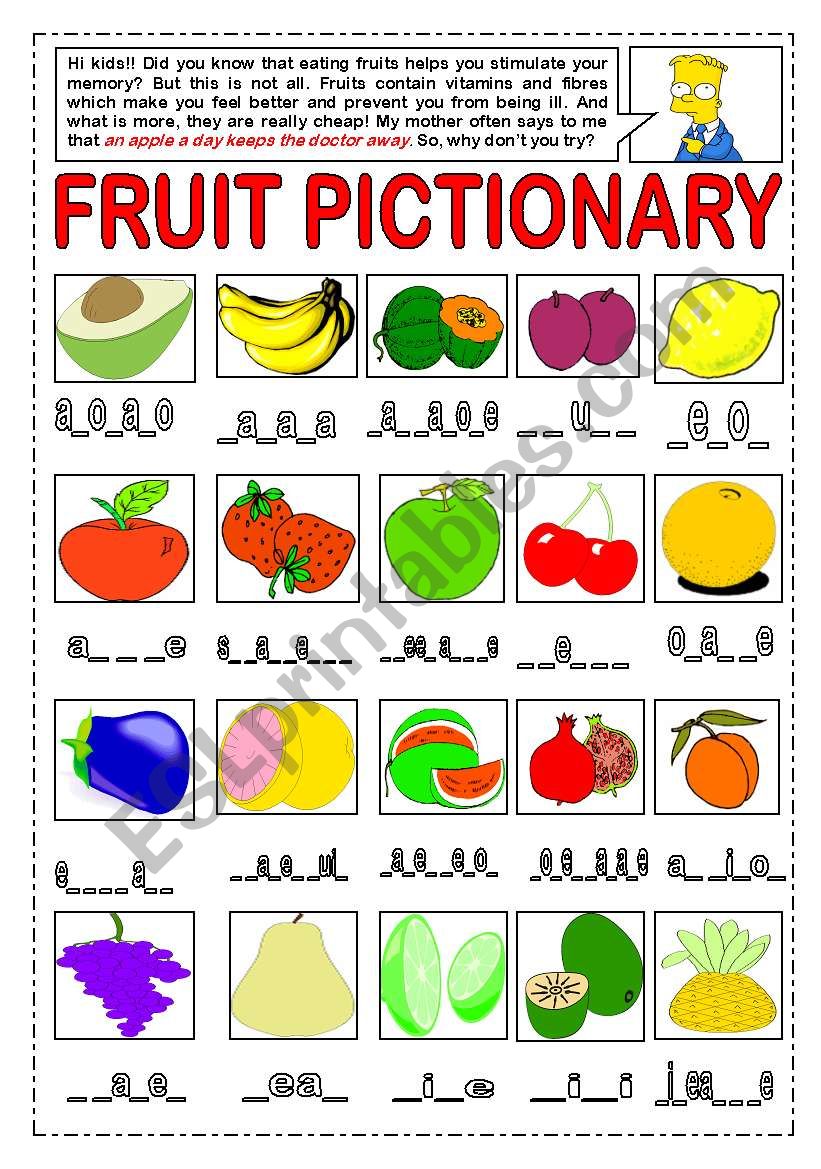 FRUITS FILL IN THE GAPS worksheet