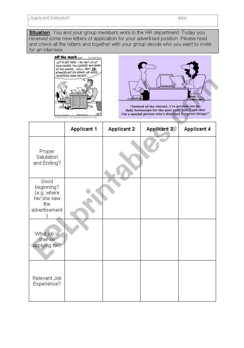 Applicant selection worksheet