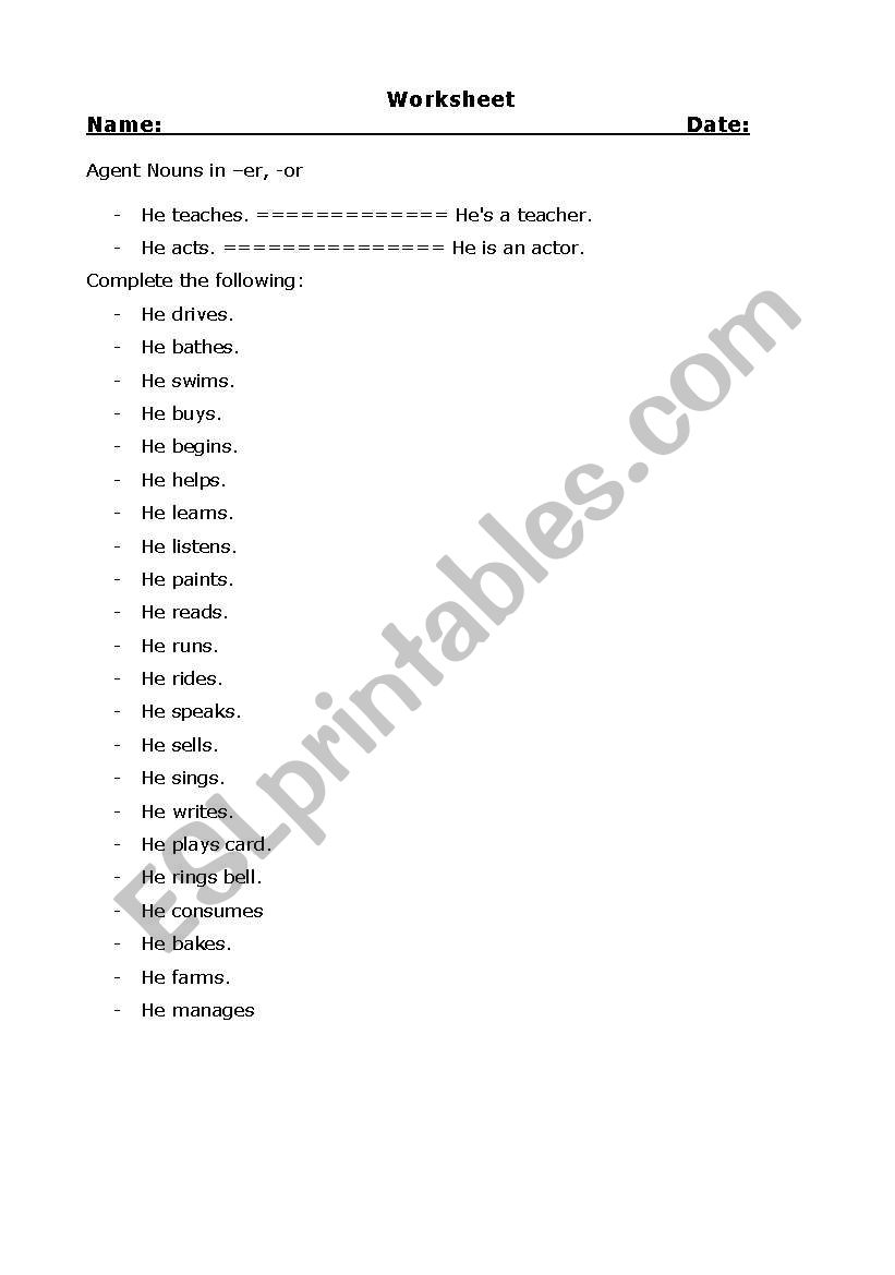 Agent Nouns worksheet
