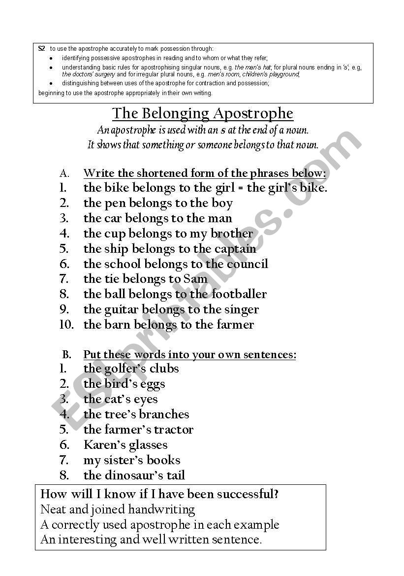 The Belonging Apostrophe worksheet