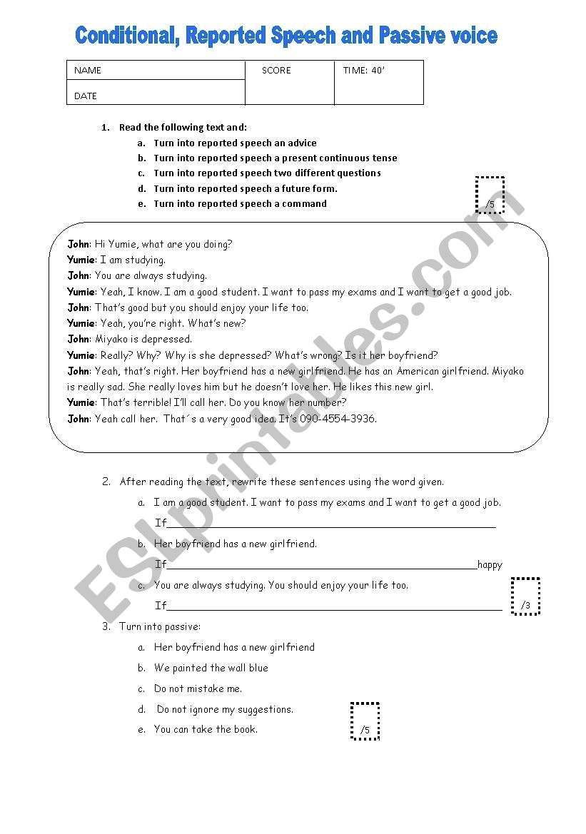 Reported Speech, Passive and Conditionals exam