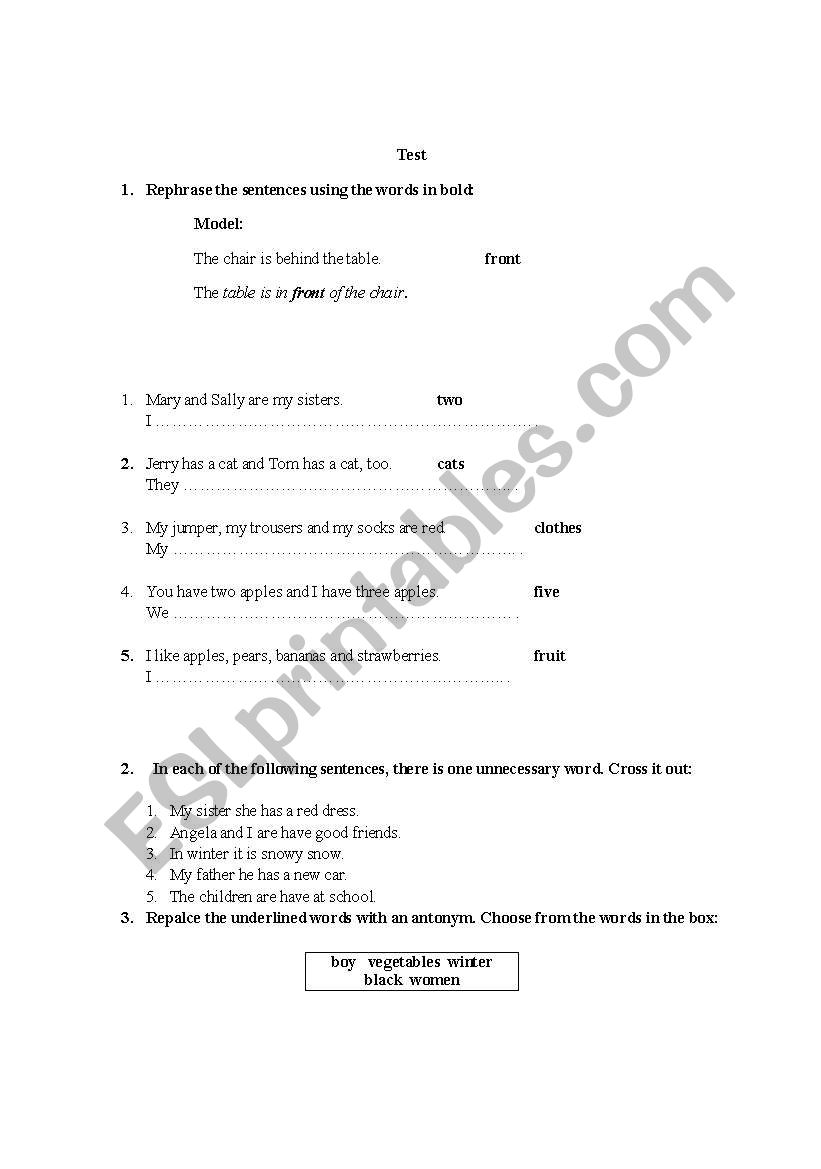 test paper worksheet