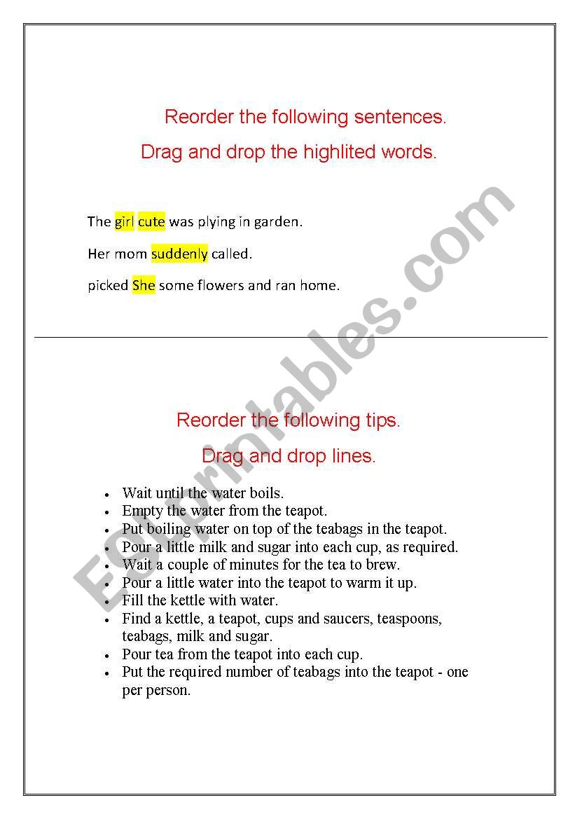 Reorder the following worksheet