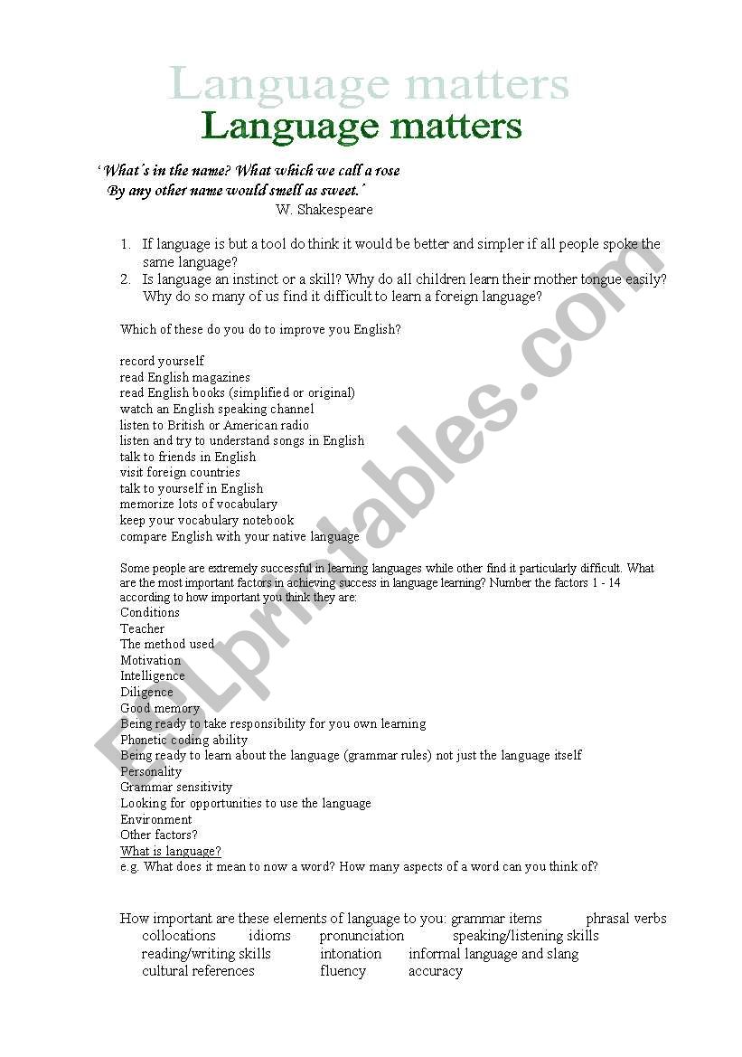 language matters worksheet