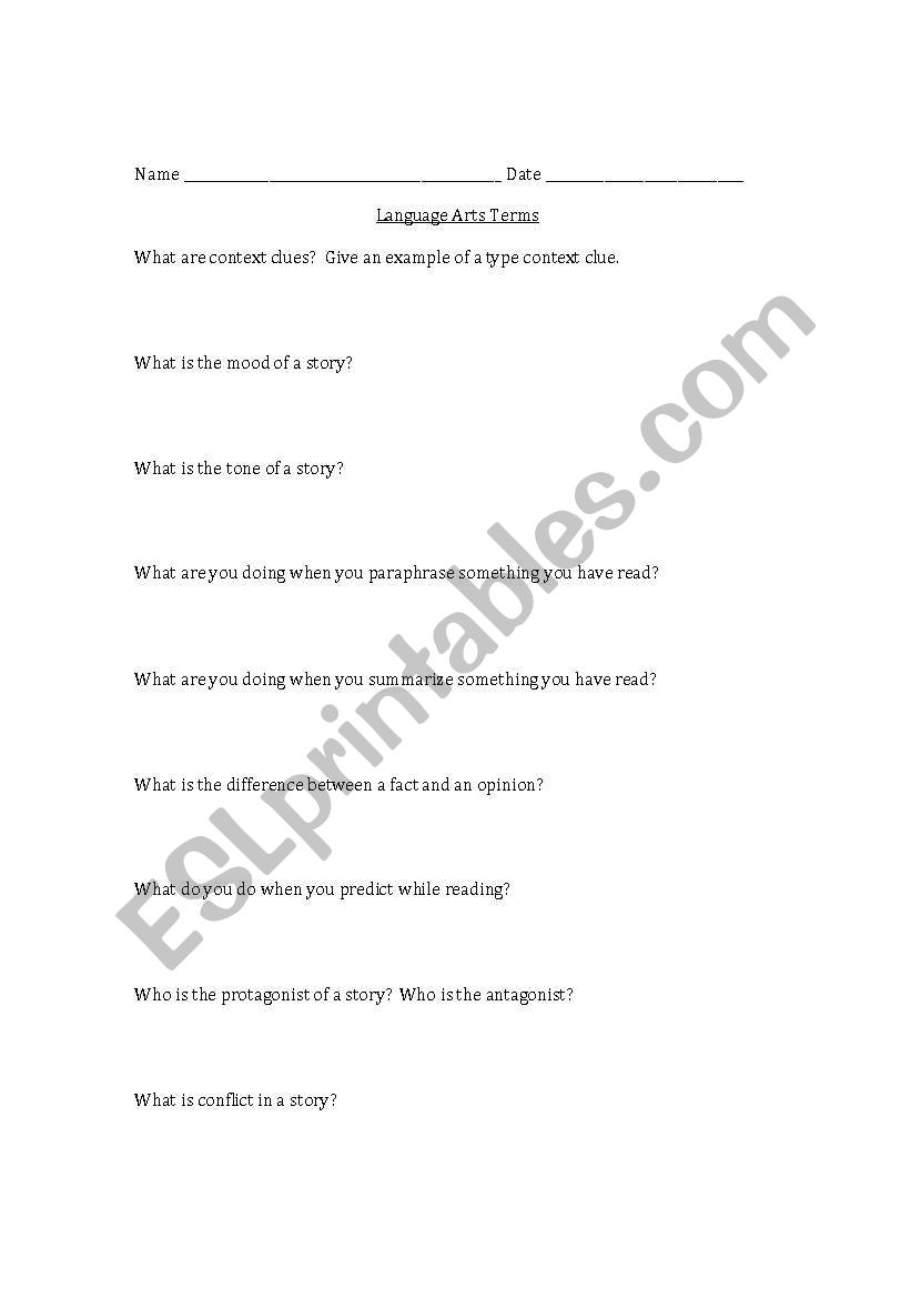 Language Arts Terms Pre-Test worksheet