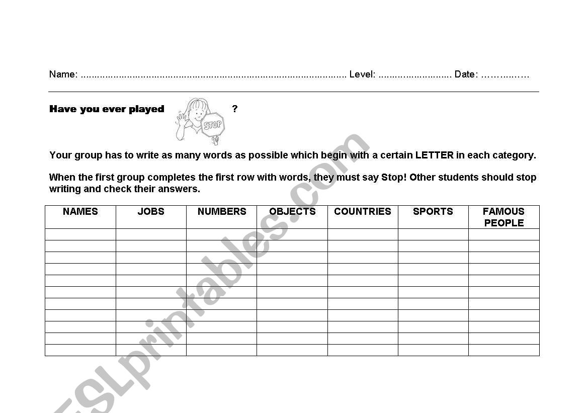 Stop! game worksheet