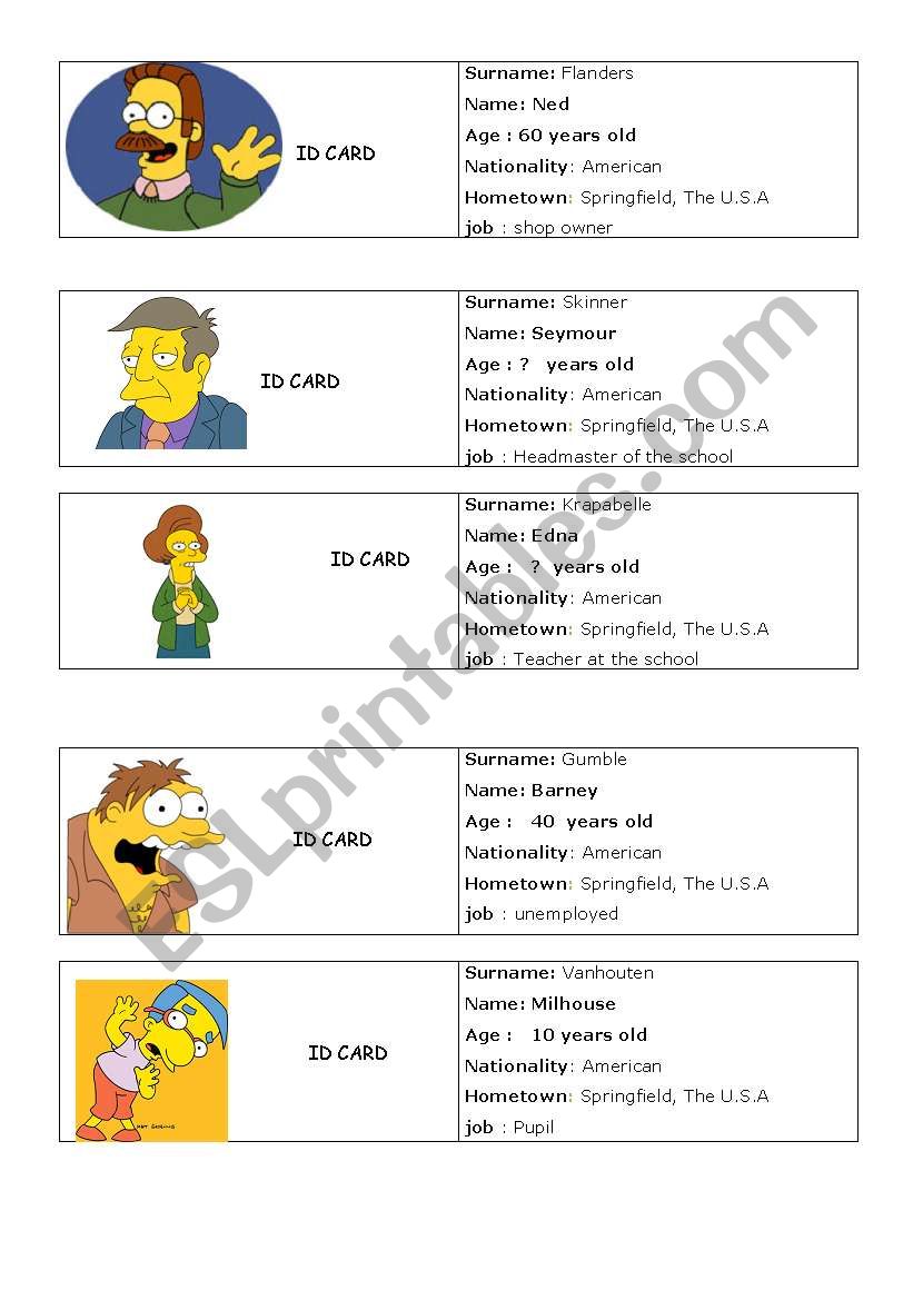 simpsons Identity card (2) worksheet