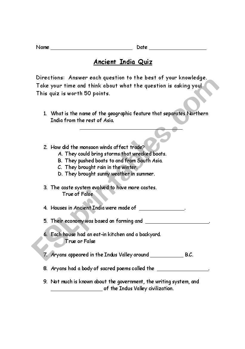 Ancient India  worksheet