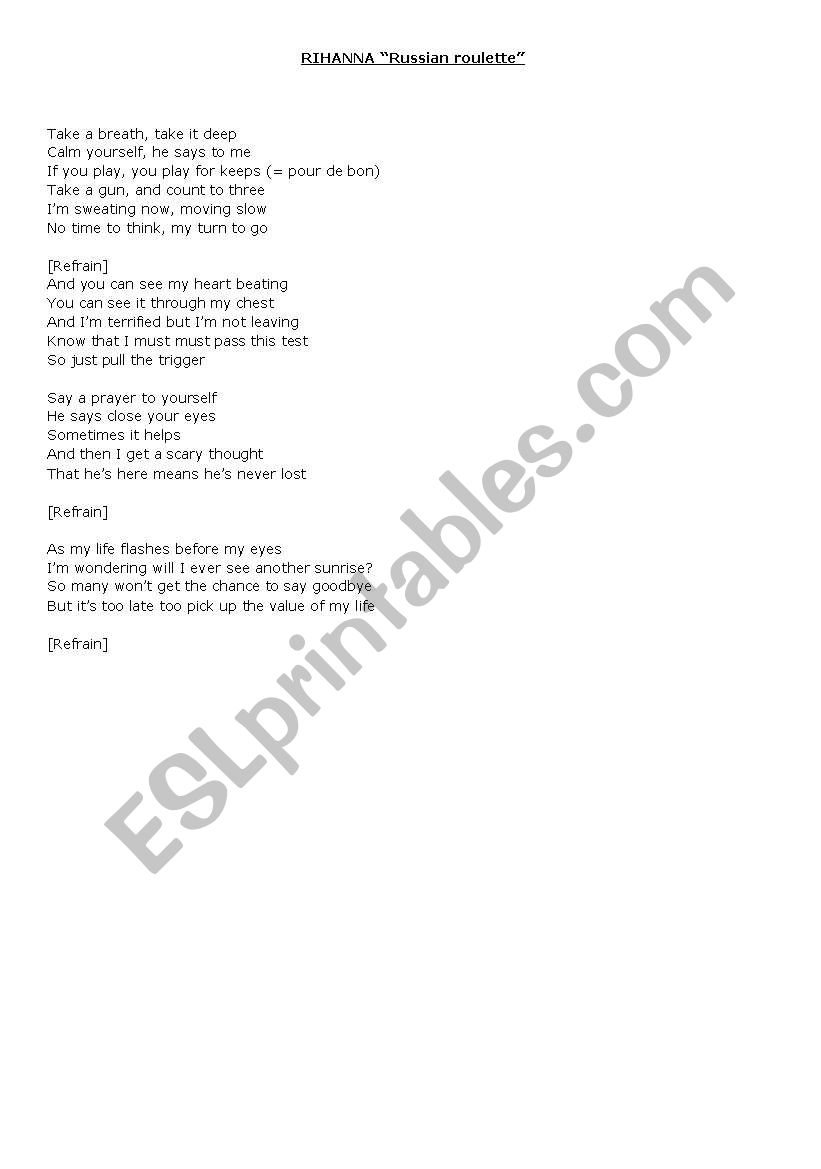 Russian Roulette (Rihanna) - ESL worksheet by Titina29