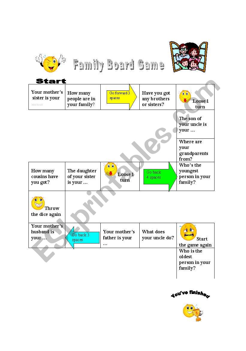 Family board game worksheet