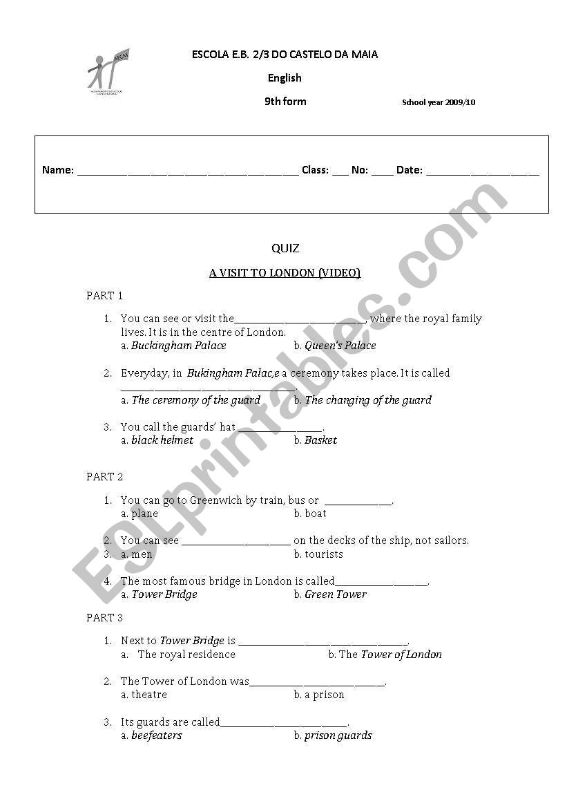 Quiz on London worksheet