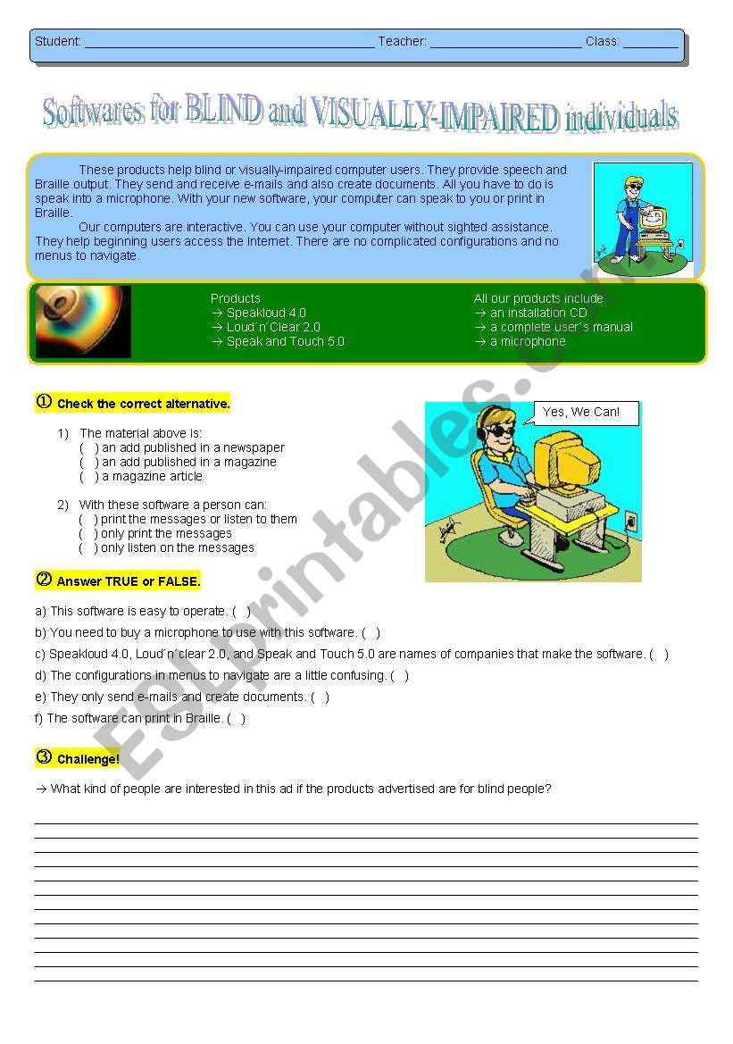 Software for blind people worksheet