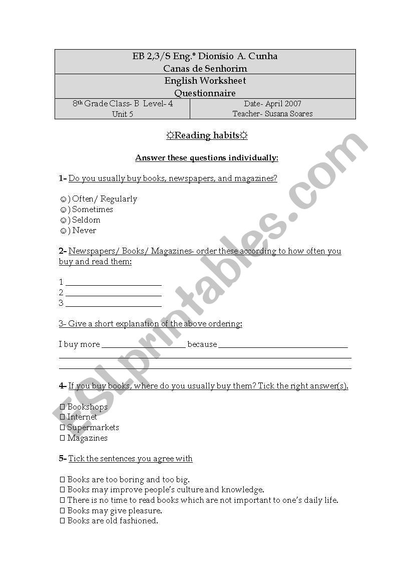 reading habits quiz worksheet