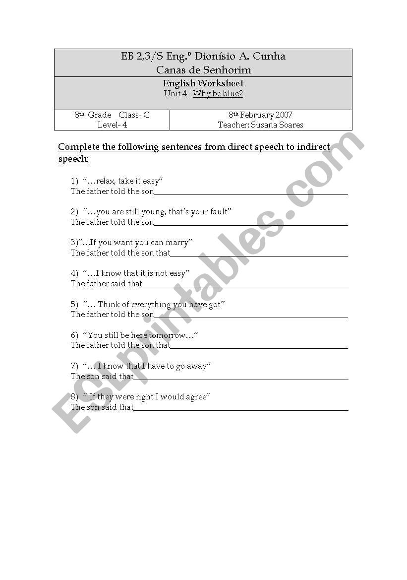 Direct/indirect speech worksheet