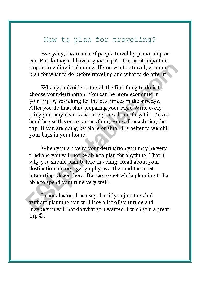 how to plan for travelling worksheet