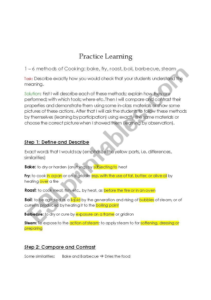 lesson plan for cooking worksheet