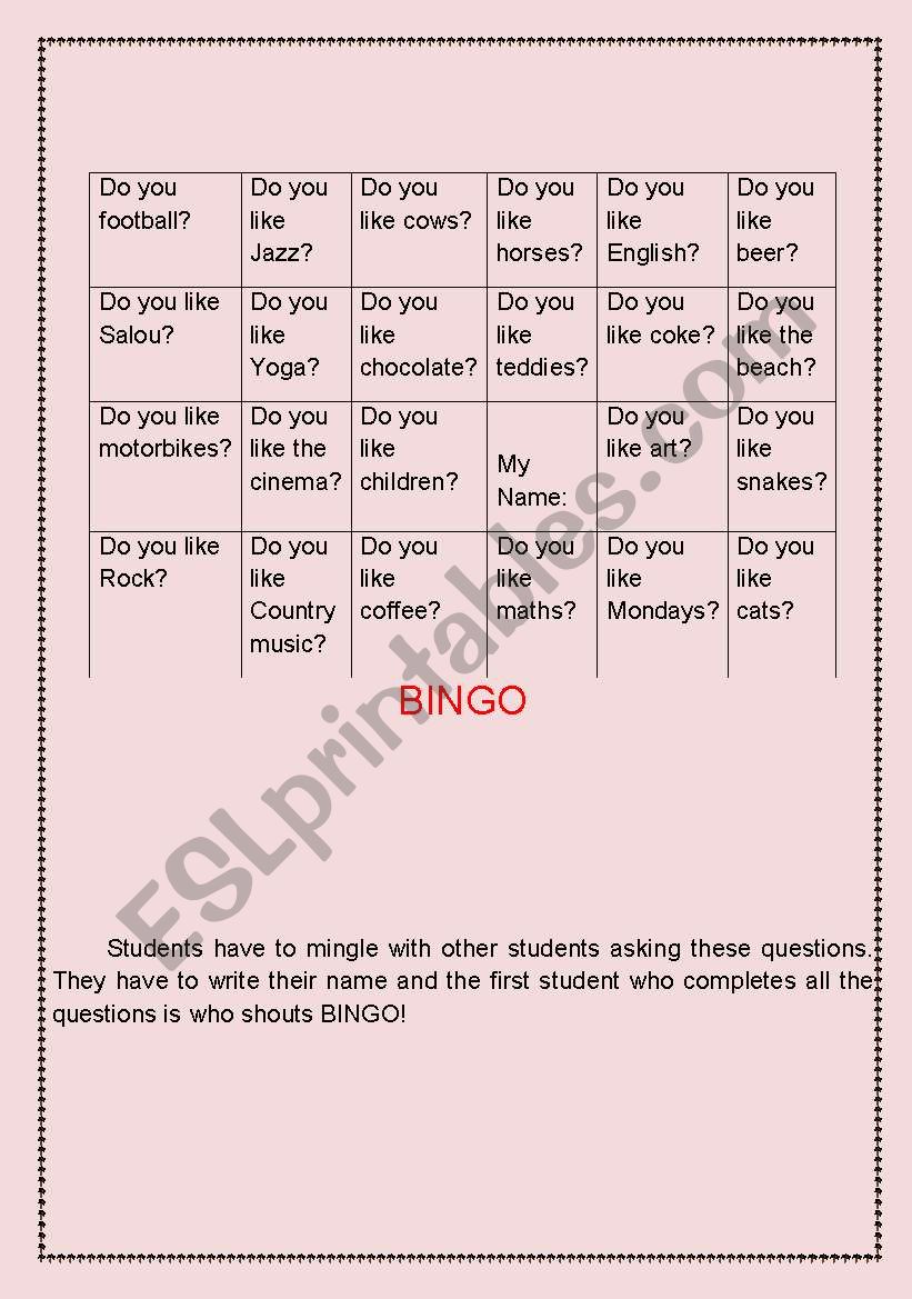 BINGO worksheet