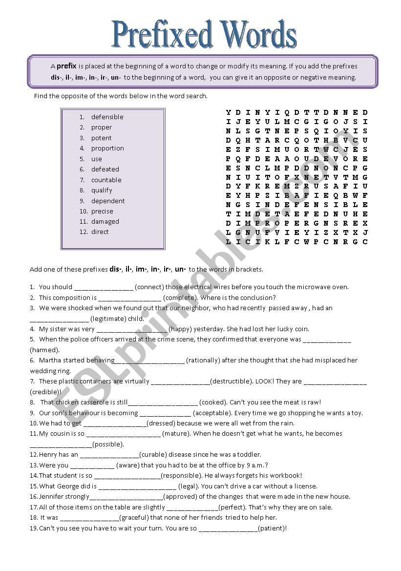 Prefixed words worksheet