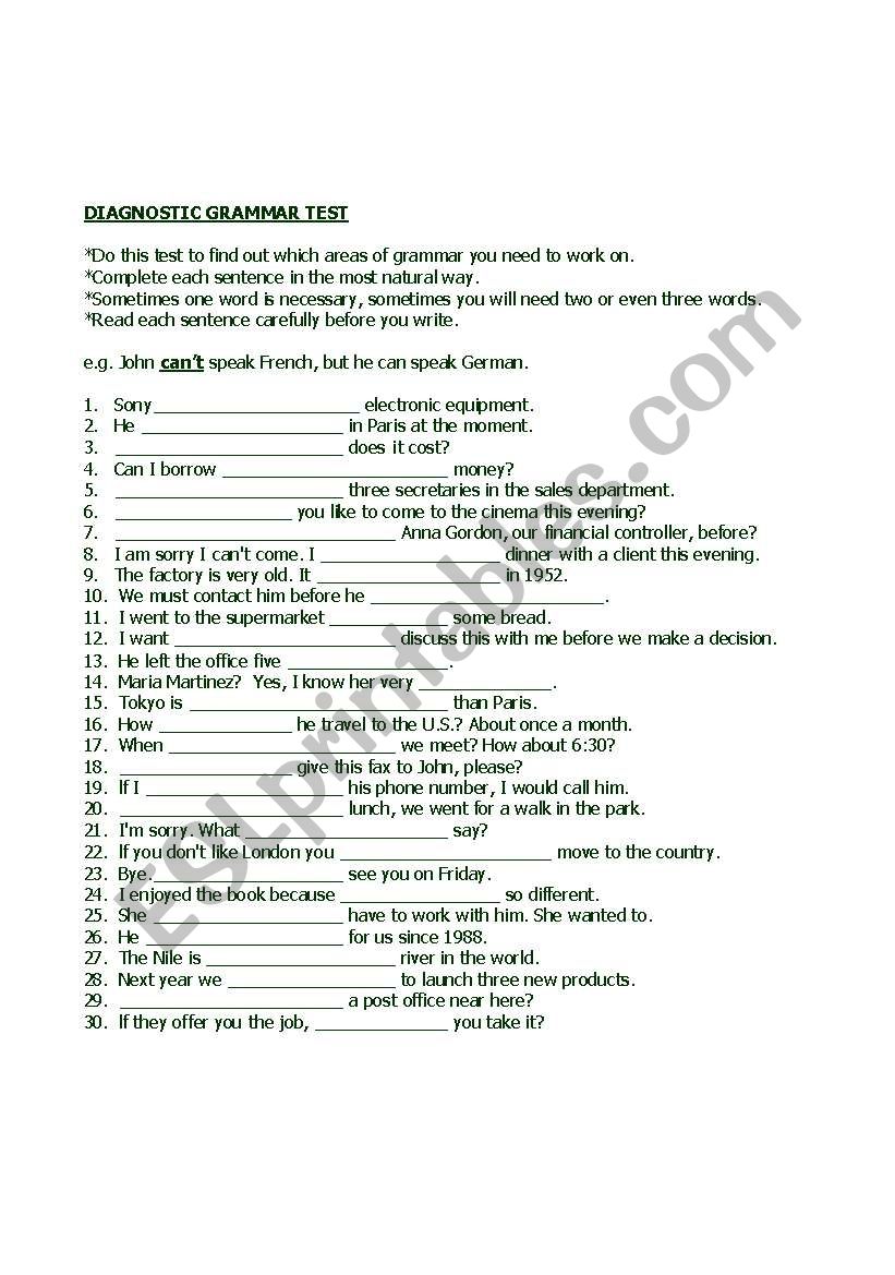 Grammar Diagnosis worksheet