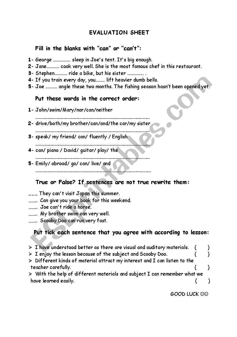 Can or Cant worksheet