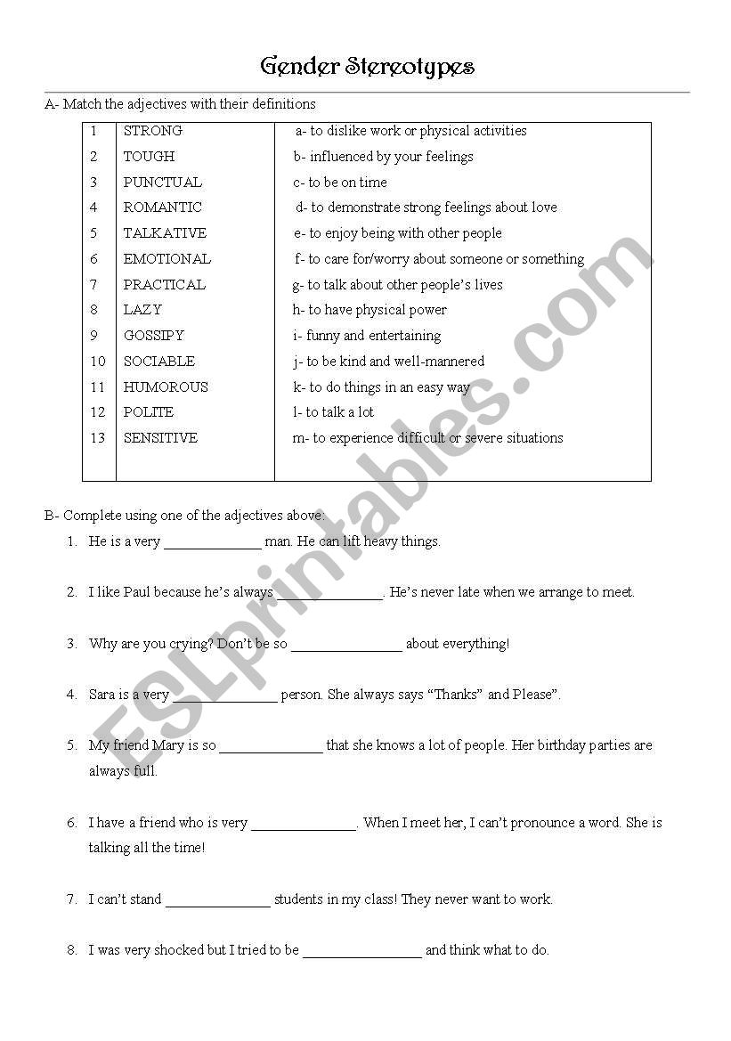 Gender stereotypes worksheet