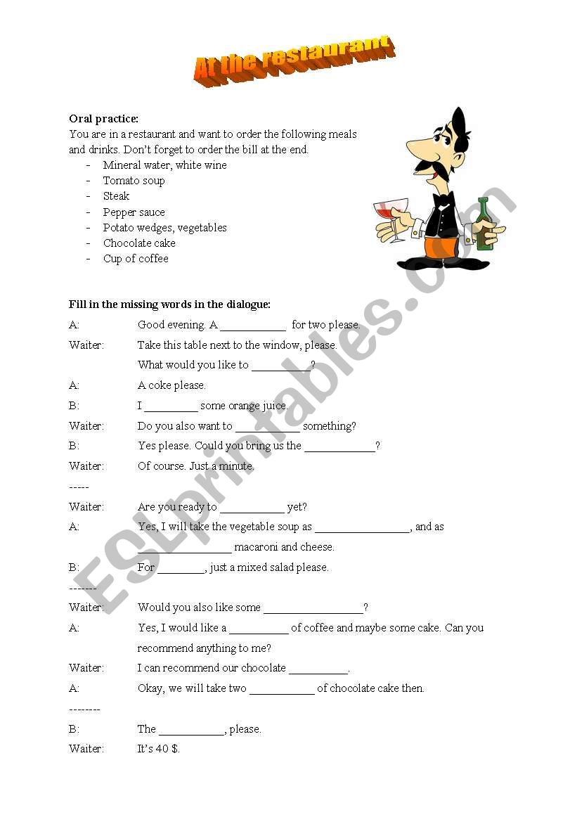 Restaurant dialogue worksheet