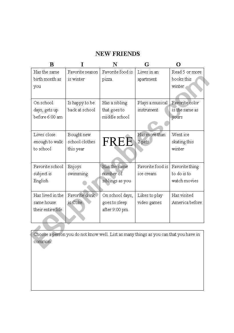 New Friends Bingo worksheet