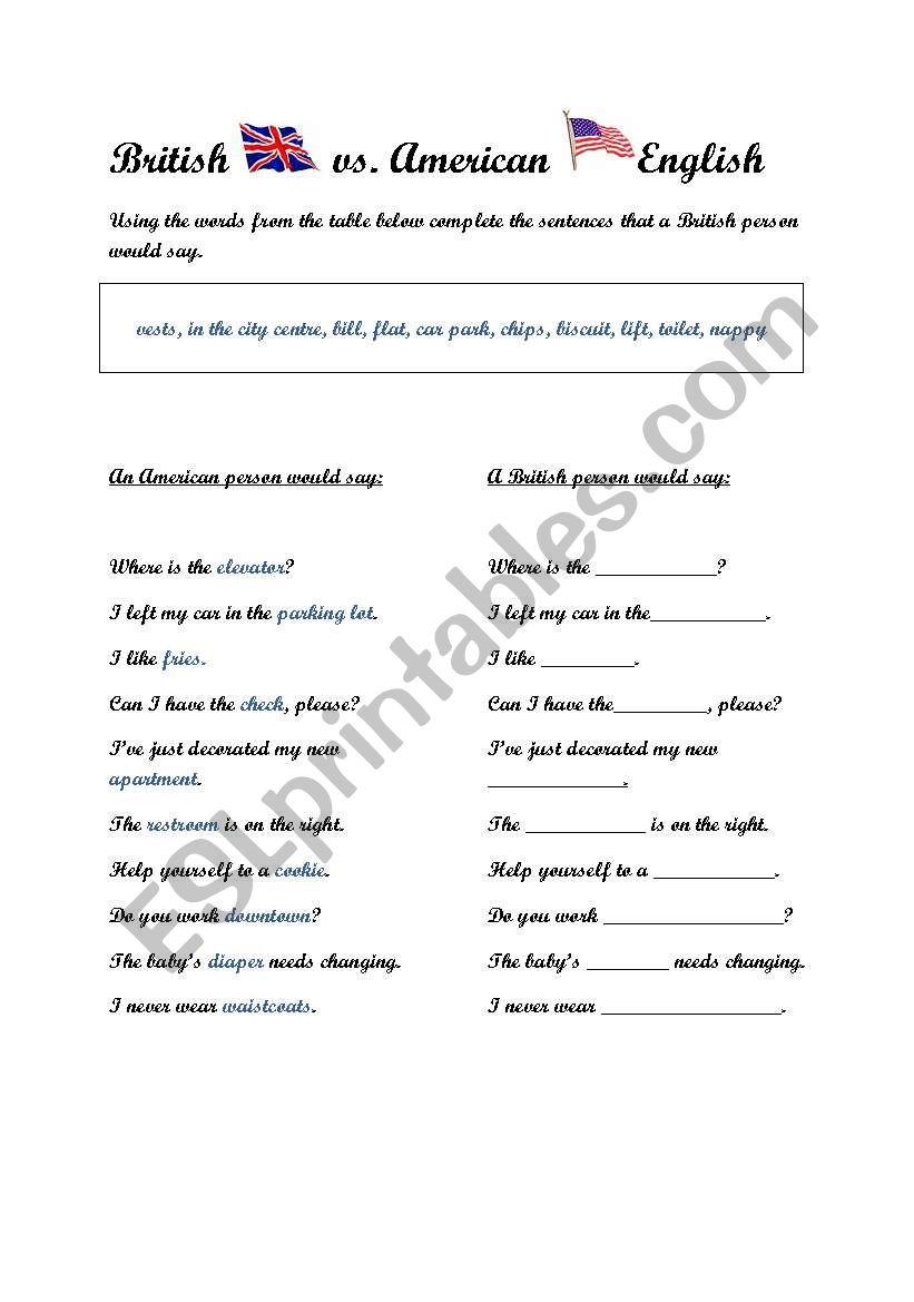 British vs. American English worksheet