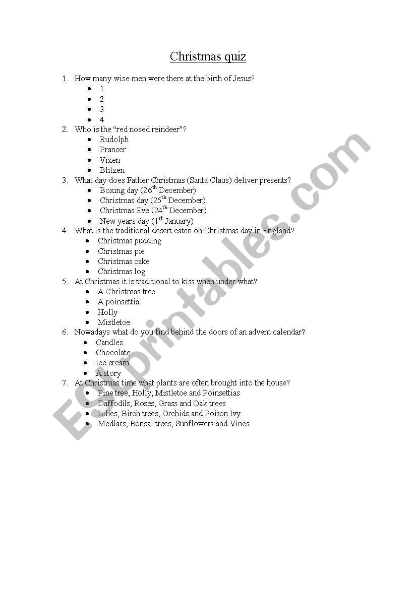 Christmas quiz worksheet