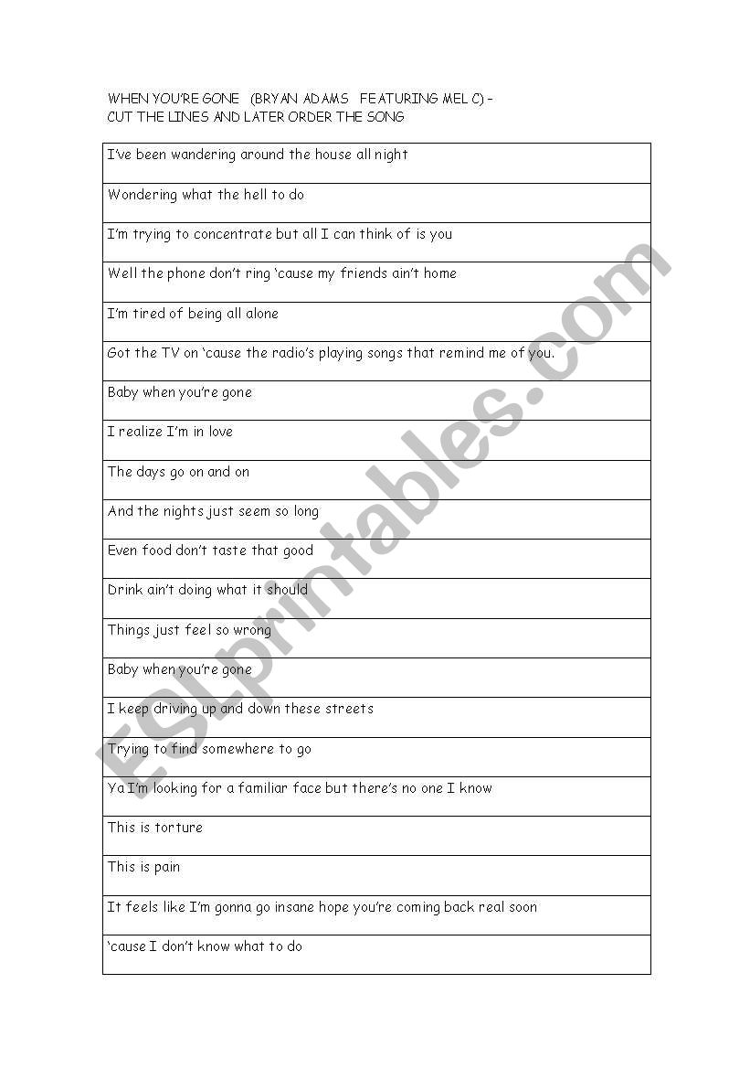 SONG - BRYAN ADAMS worksheet