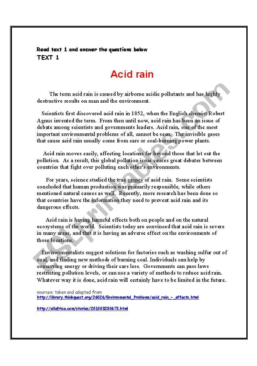 Environmental Problems Acid Rain Reading Comprehension Theme The World Around Us Esl Worksheet By Shmiskeen