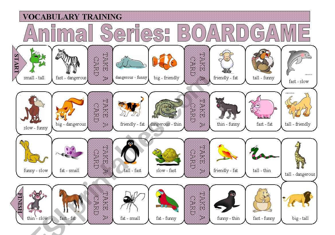 Practice of Adjectives and Animals: Boardgame