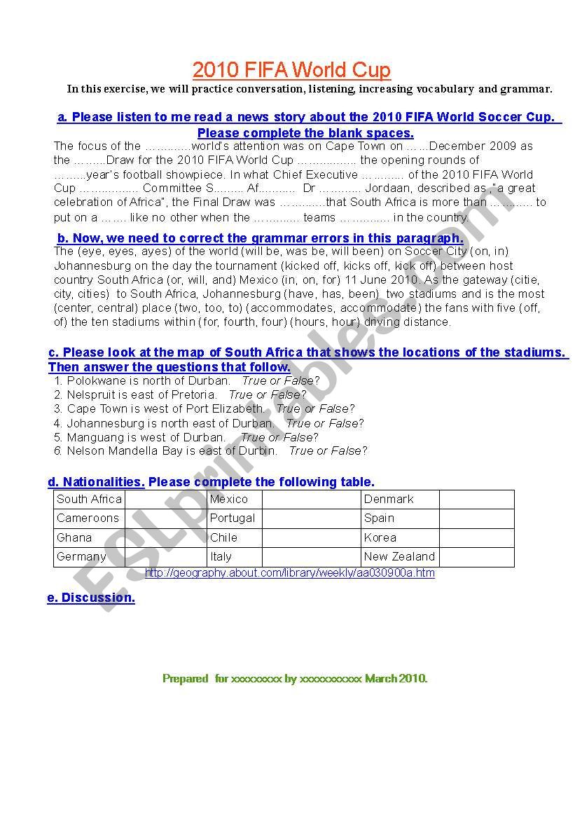 2010 FIFA World Cup (soccer)  worksheet