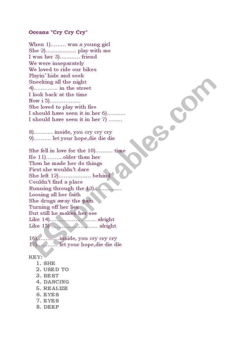 OCEANA cry cry cry -SONG worksheet