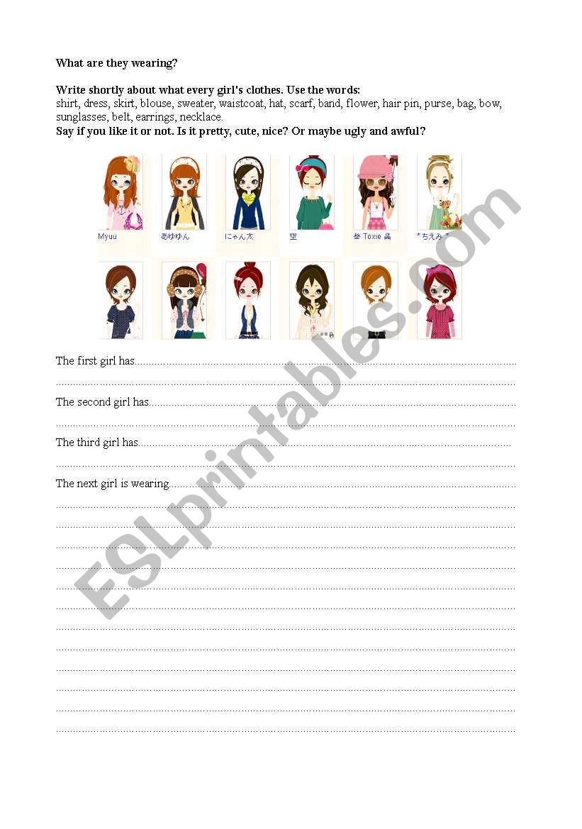 What are they wearing? Fun worksheet for girls