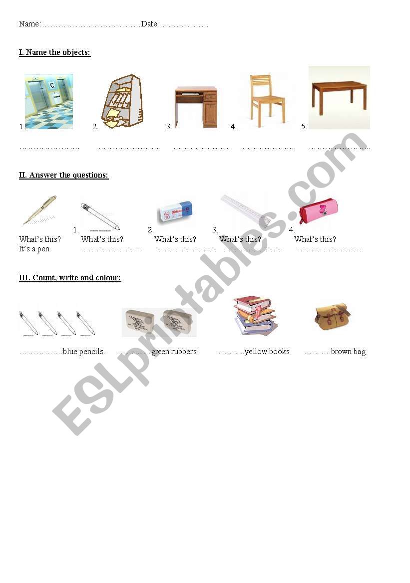 School objects worksheet