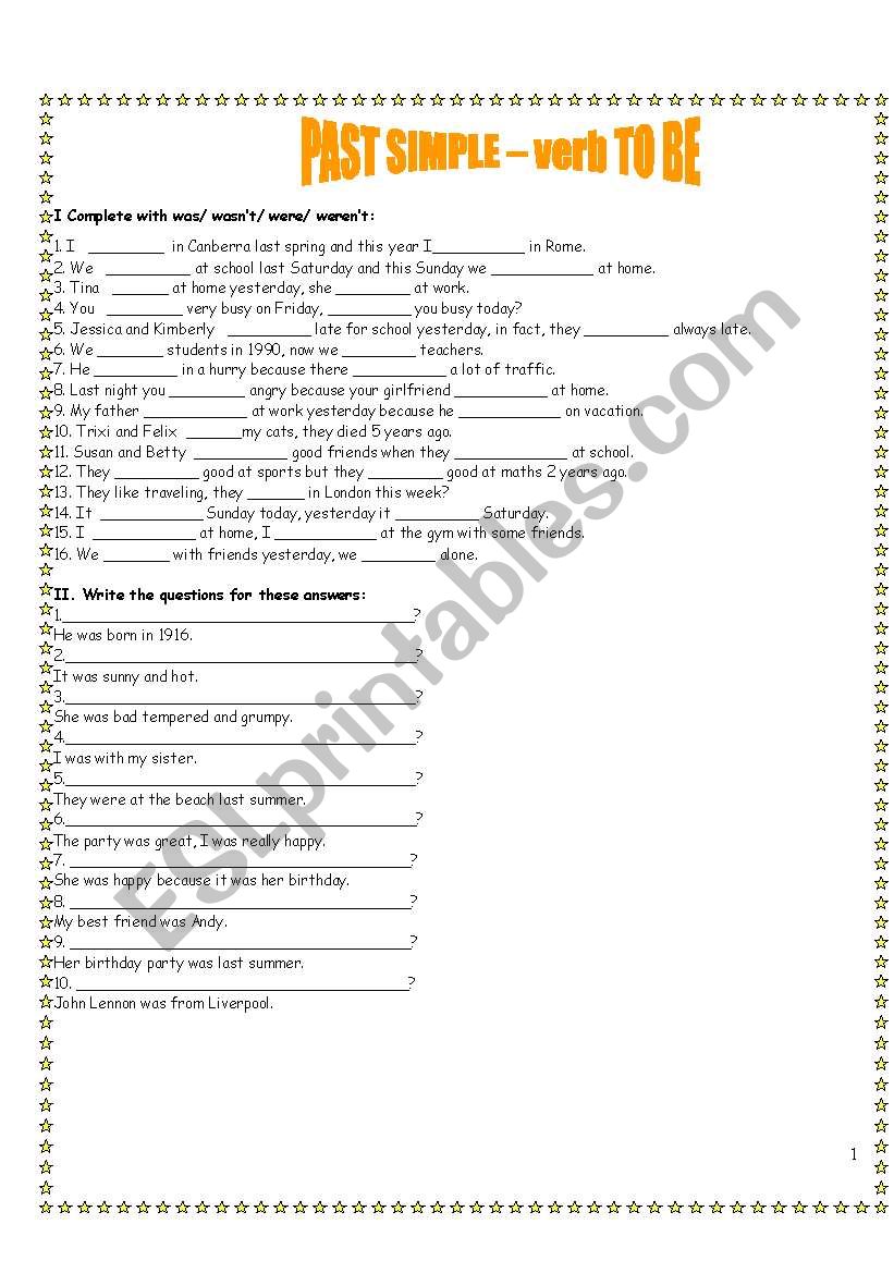 Past Simple - Was / Were worksheet