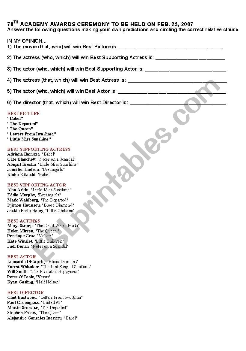 Academy Awards Activity for Relative Clauses 