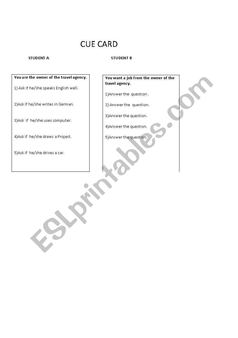 cue card worksheet